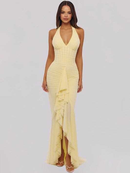 Maxikleid mit Neckholder und Raffung für Hochzeitsgäste