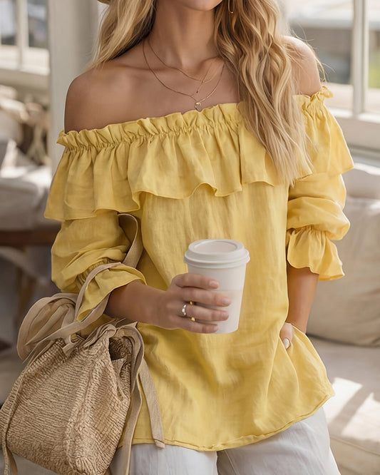 Damen Off-Shoulder Volantbluse in Uni mit lockerem Schnitt, Vorderansicht