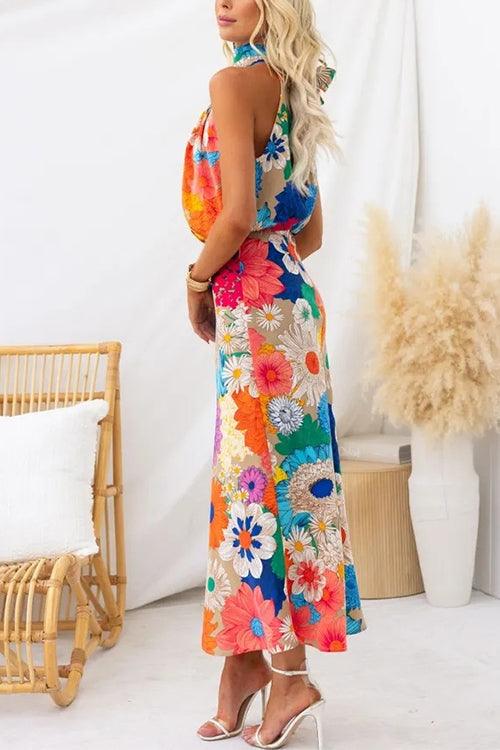 Ärmelloses Maxi-Kleid mit Blumenmuster und Schleifenkragen