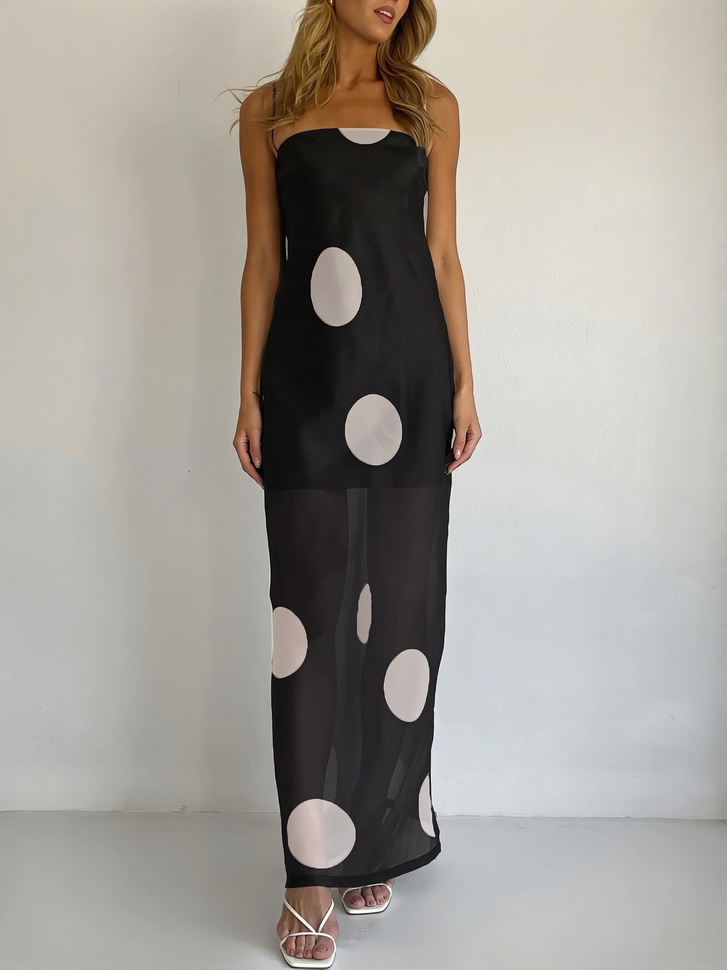 Damen Maxikleid Mit Polka Dots Trägerlos Slim Fit