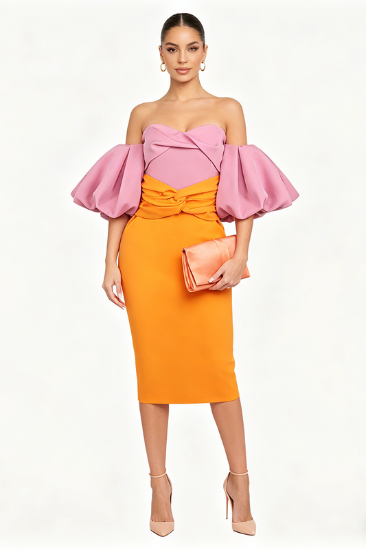 Midi-Kleid mit farbigen Puffärmeln