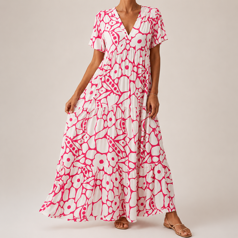 Damen Maxikleid Mit Blumenprint Und V Ausschnitt