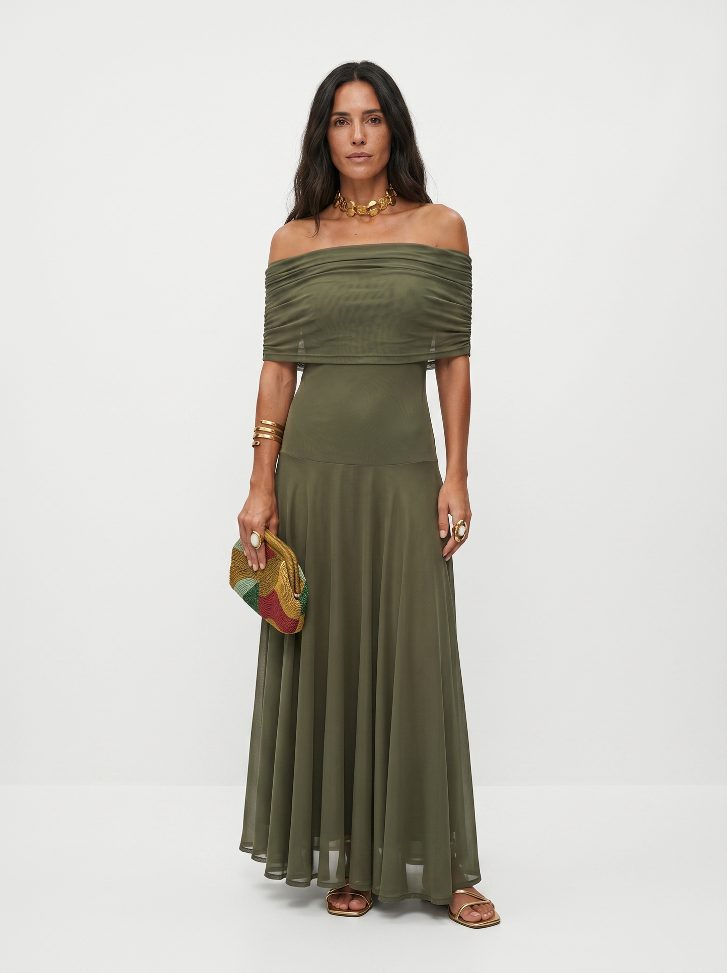 Damen Maxikleid Off Shoulder Drapiert Elegant