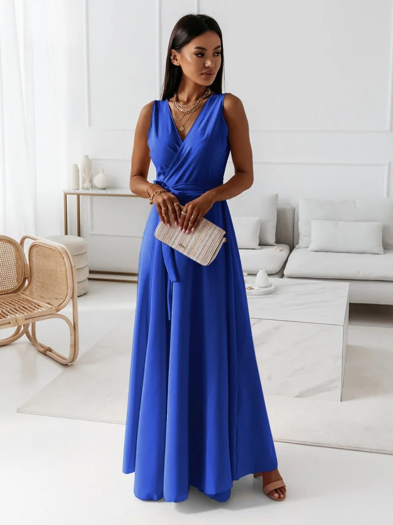 Langes Damen Kleid V-Ausschnitt, Einfarbig, Elegant für Partys & Alltag