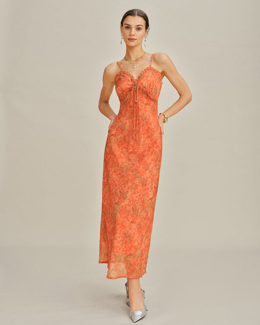 Orangefarbenes Blumenmuster A-Linien Trägerkleid
