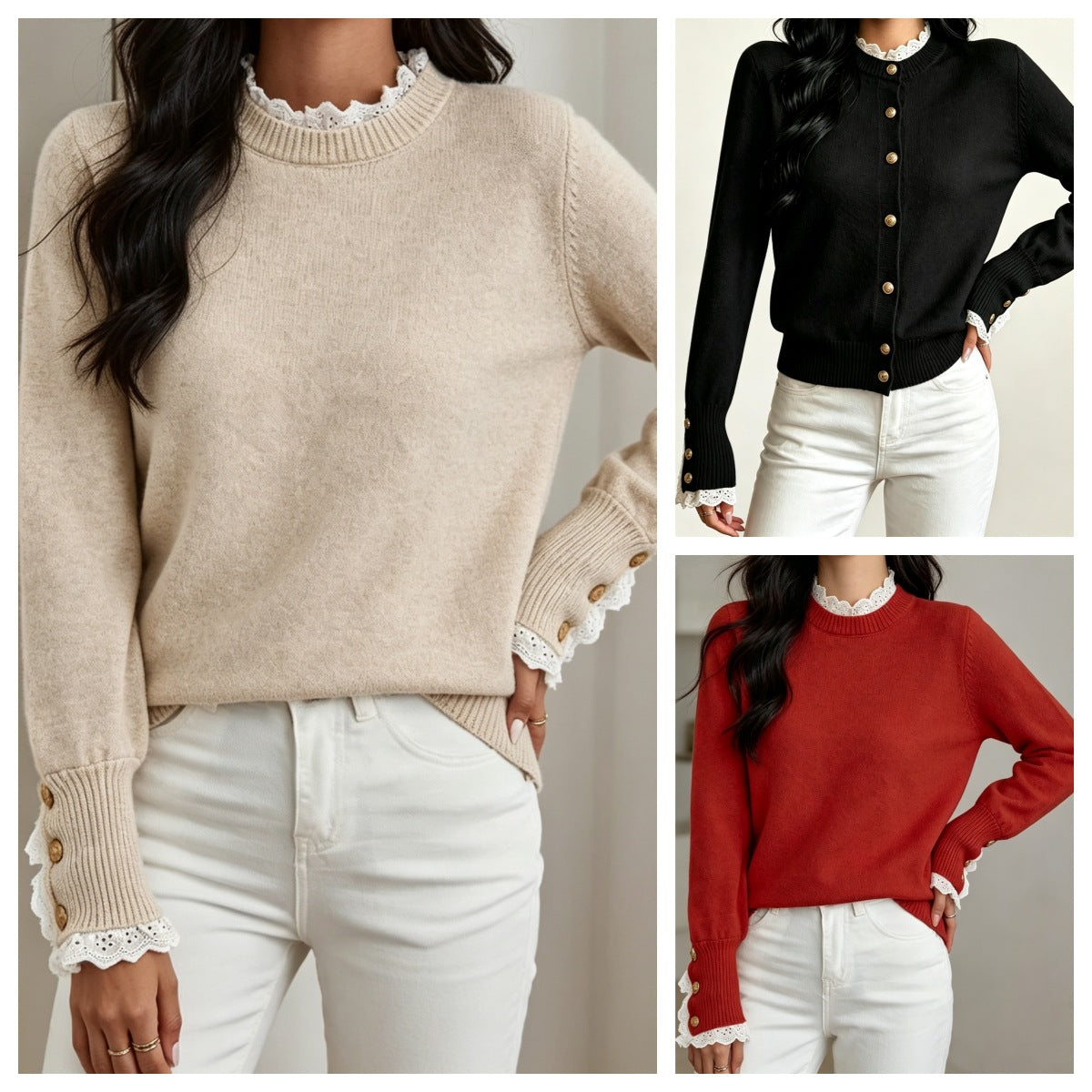 Damen-Strickpullover mit Spitzendetails und rundem Ausschnitt in der Vorderansicht