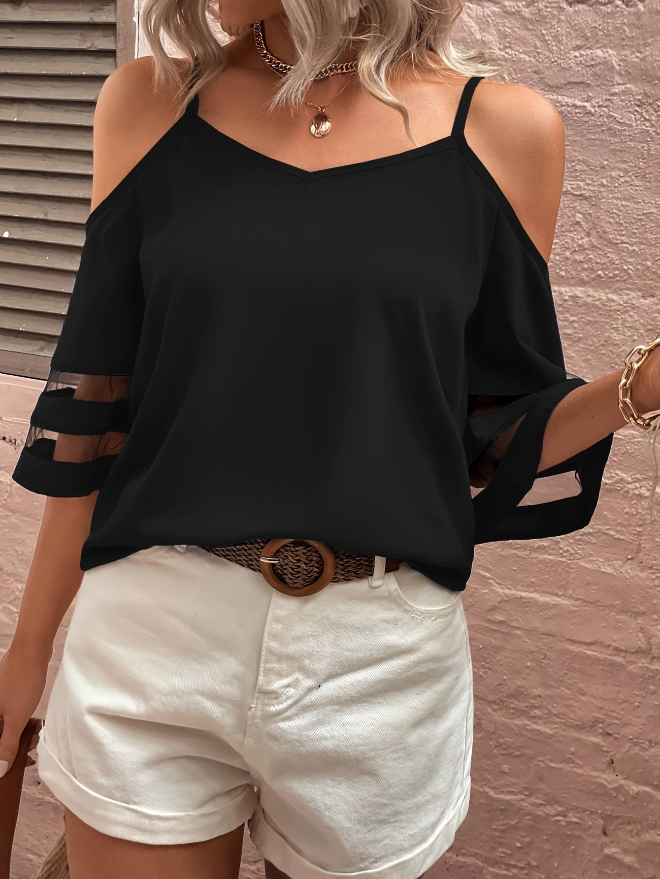 Schulterfreie Bluse mit Tüll-Einsatz für Damen