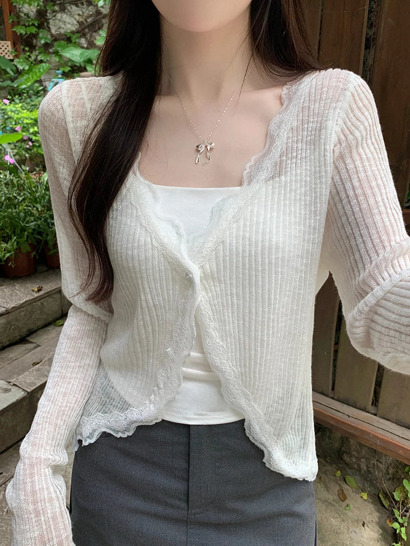Damen Rippstrick Cropped Pullover mit Spitzenbesatz