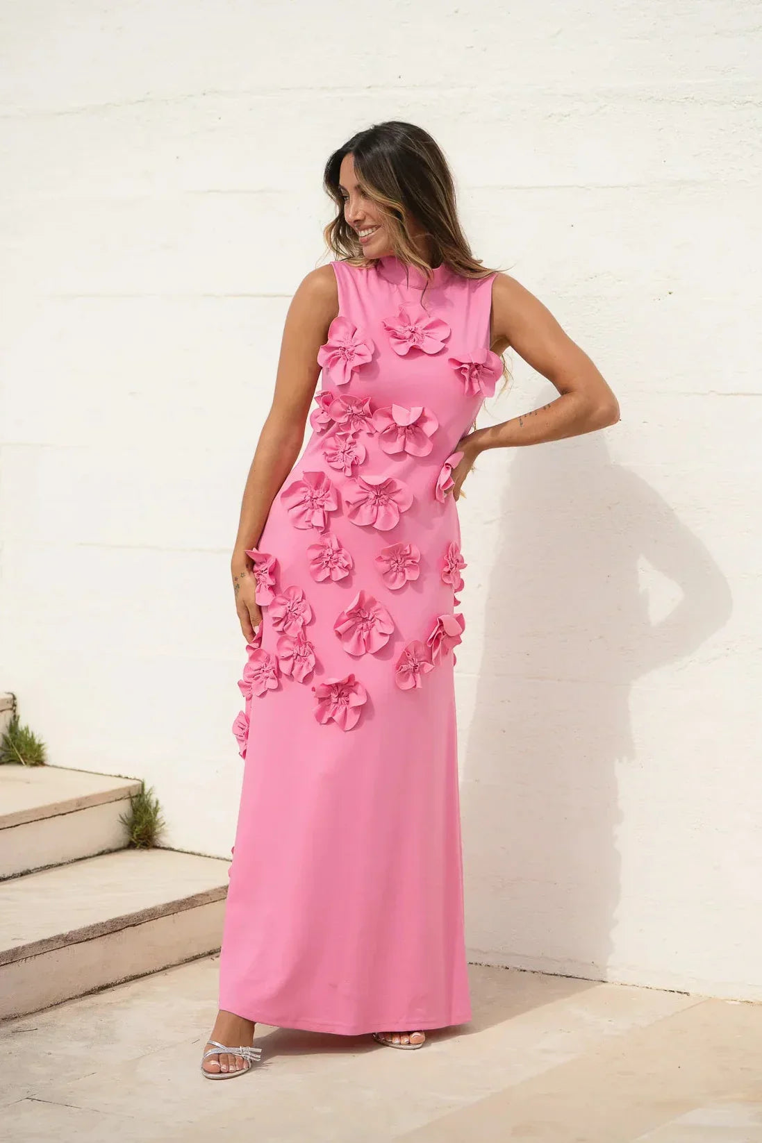 Ärmelloses Maxi-Kleid für Damen in Rosa mit Blumenmuster