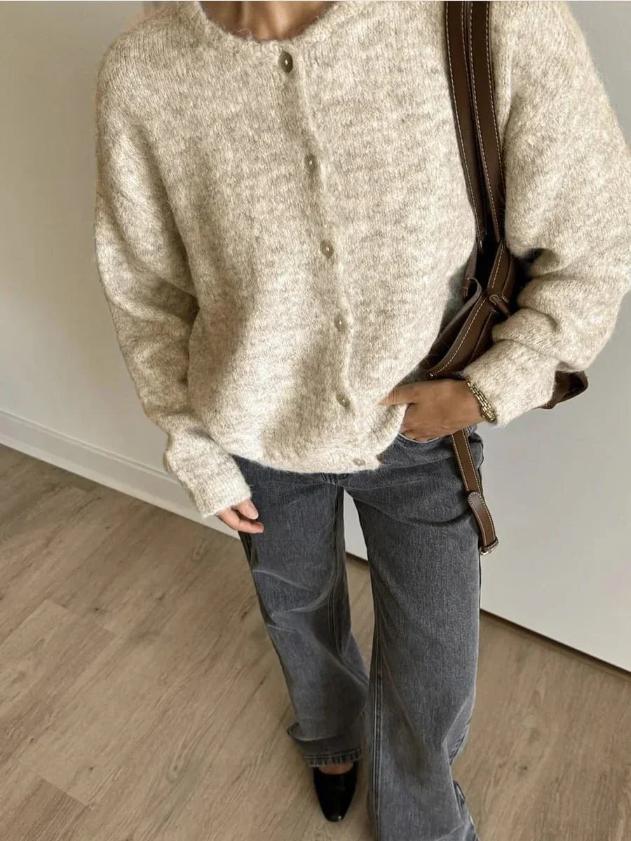 Damen Strickcardigan Mit Rundhalsausschnitt Langarm