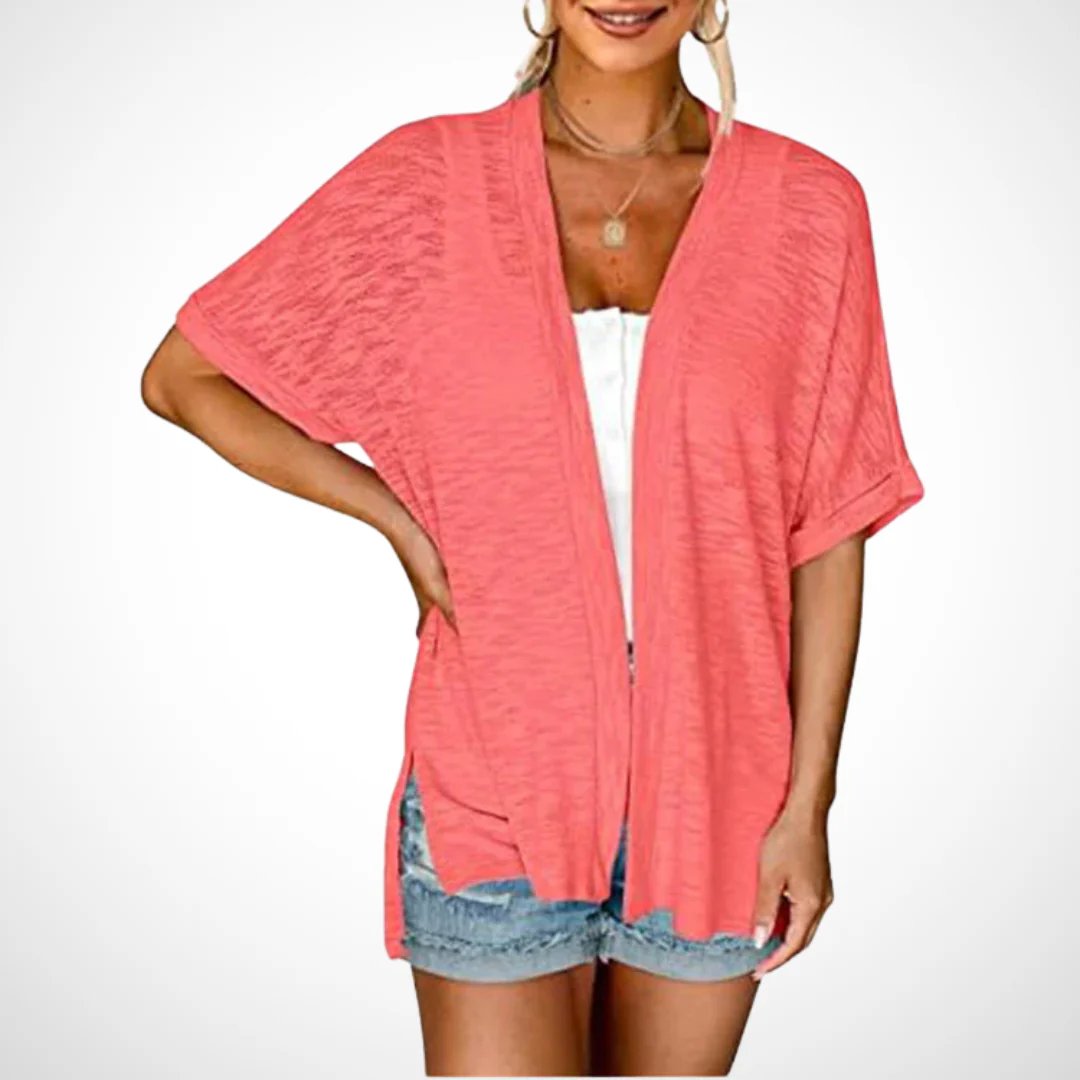 Stilvoller Strickcardigan mit kurzen Ärmeln und offenem Schnittdesign