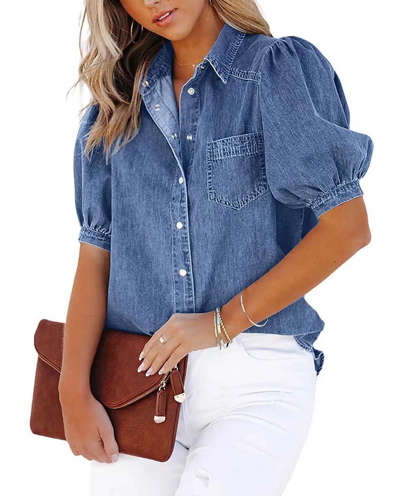 Damen Jeansbluse aus Denim mit Laternenärmeln und Kragen vorne gezeigt
