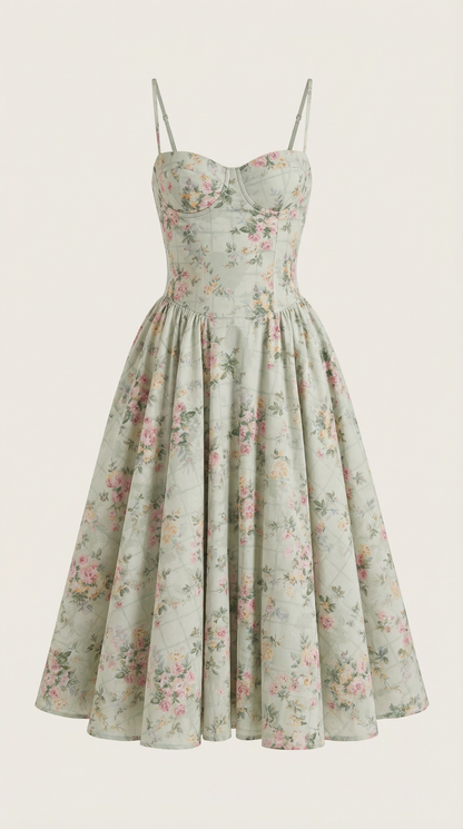 Damen Midikleid mit Blumenmuster und Korsett sowie herzförmigem Ausschnitt