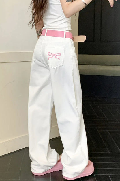Damen Wide Leg Jeans in Rosa mit Schleifenstickerei und weitem Bein
