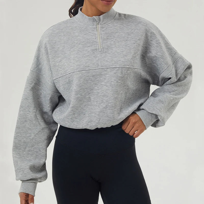 Oversized Damen Sweatshirt aus Baumwollmischung mit halbem Reißverschluss