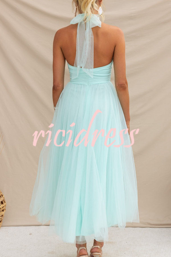 Maxikleid mit Neckholder und gerafften Details aus Tüll