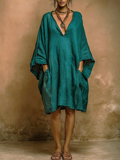 Locker sitzendes Midi-Kleid mit V-Ausschnitt für Damen
