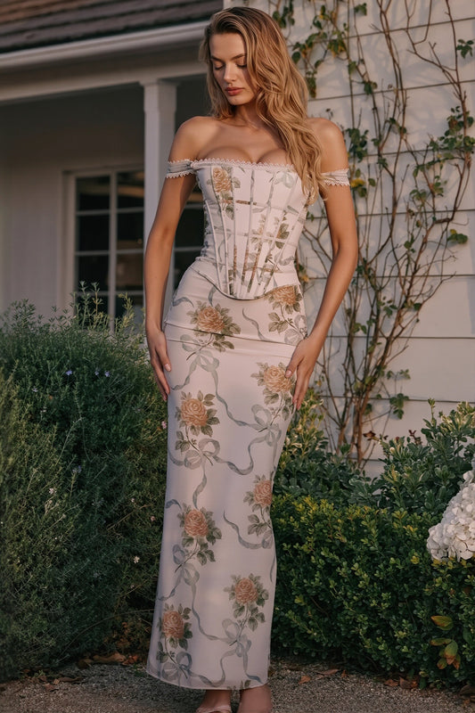 Damen-Maxikleid mit Blumenmuster und Bandeau-Ausschnitt
