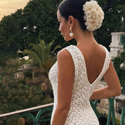 Gehäkeltes Maxikleid mit offenem Rücken Weiß
