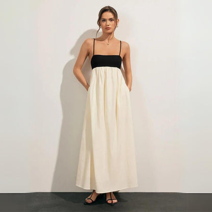 Midi-Kleid aus Leinen-Baumwoll-Mischung, locker geschnitten, schwarz-weiß