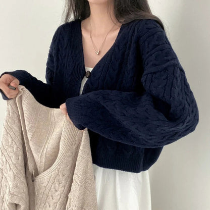 Damen Strickpullover mit V-Ausschnitt und Zopfmuster, lockere Passform
