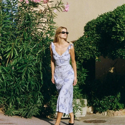Maxikleid mit Blumenmuster, tiefem Ausschnitt und Rückenausschnitt