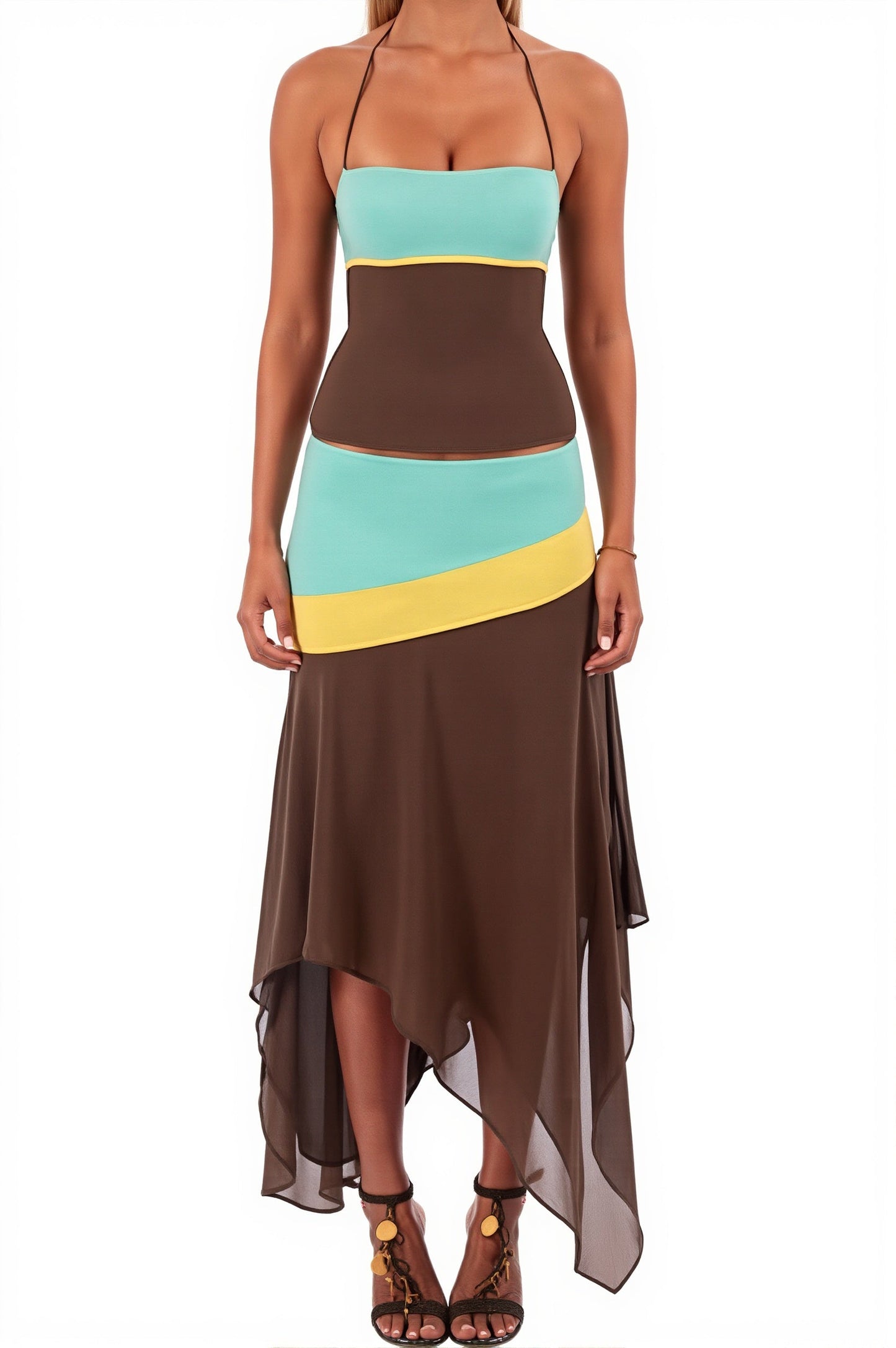 Detailansicht vom Damen-Rock-Set mit Colorblock-Nähten und unregelmässigem Saum