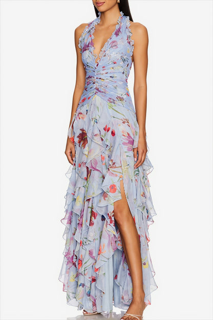 Rückansicht des langen Chiffonkleids mit floralem Print
