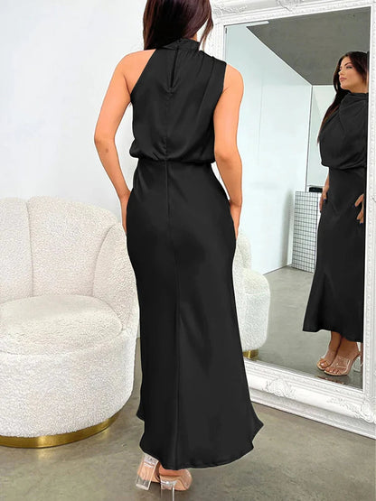 Damen Satin Midi Kleid Asymmetrischer Ausschnitt Abendkleid