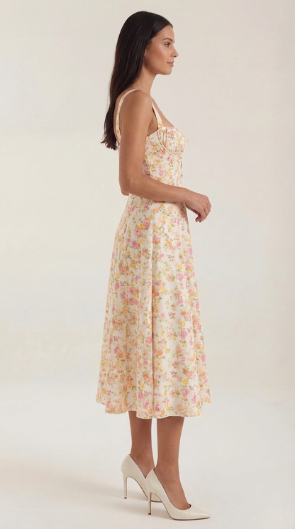 Damen Midikleid mit Blumenmuster Hochzeitsgastkleid