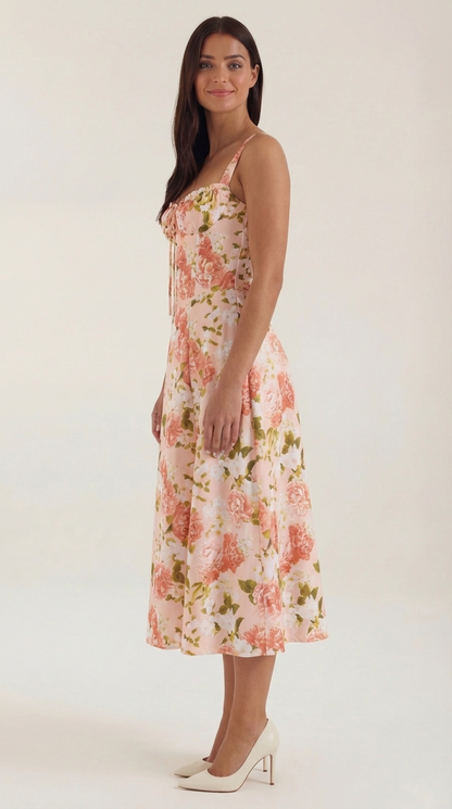 Damen Midikleid mit Blumenmuster Hochzeitsgastkleid