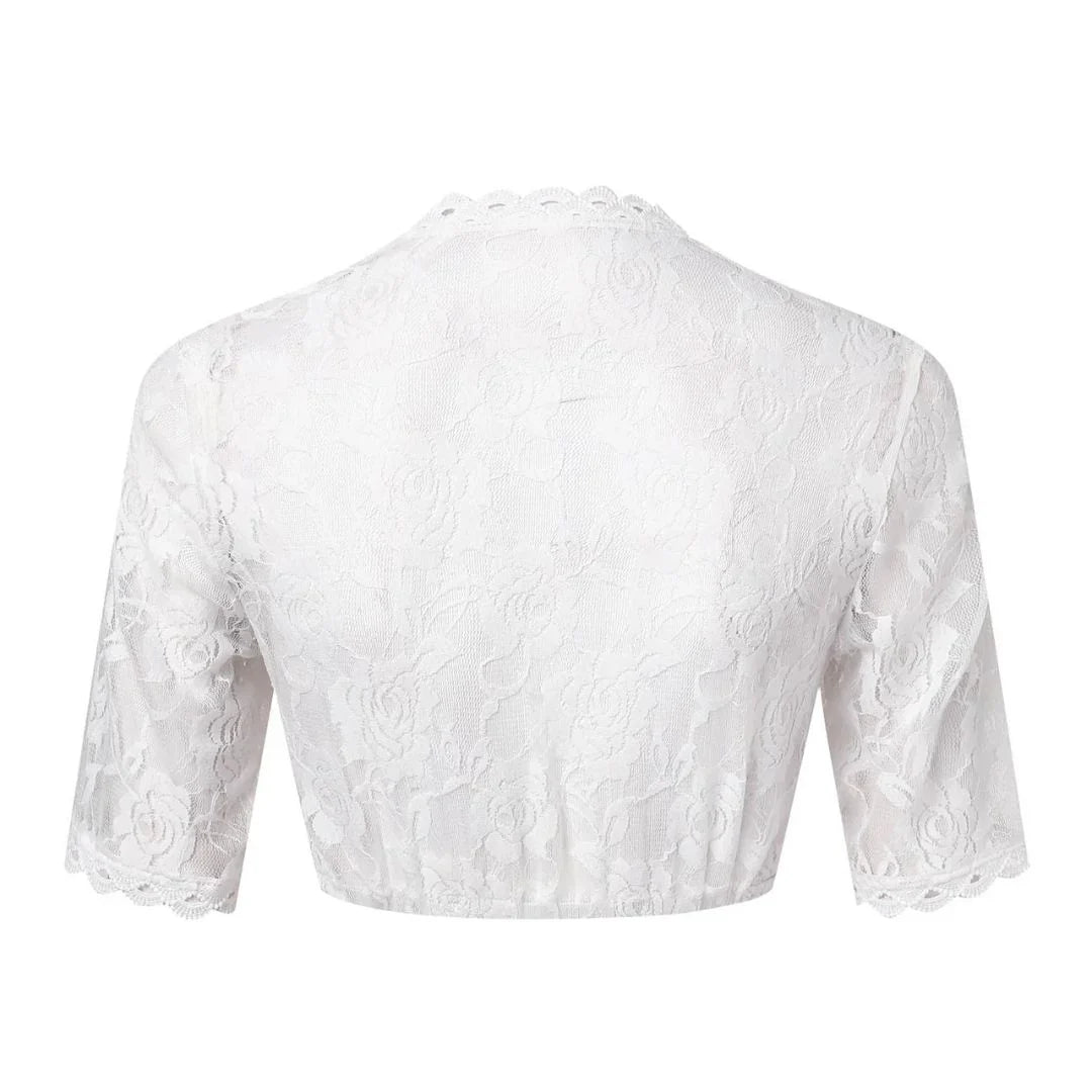 Spitzenbesatz entlang des Ausschnitts einer eleganten Dirndlbluse