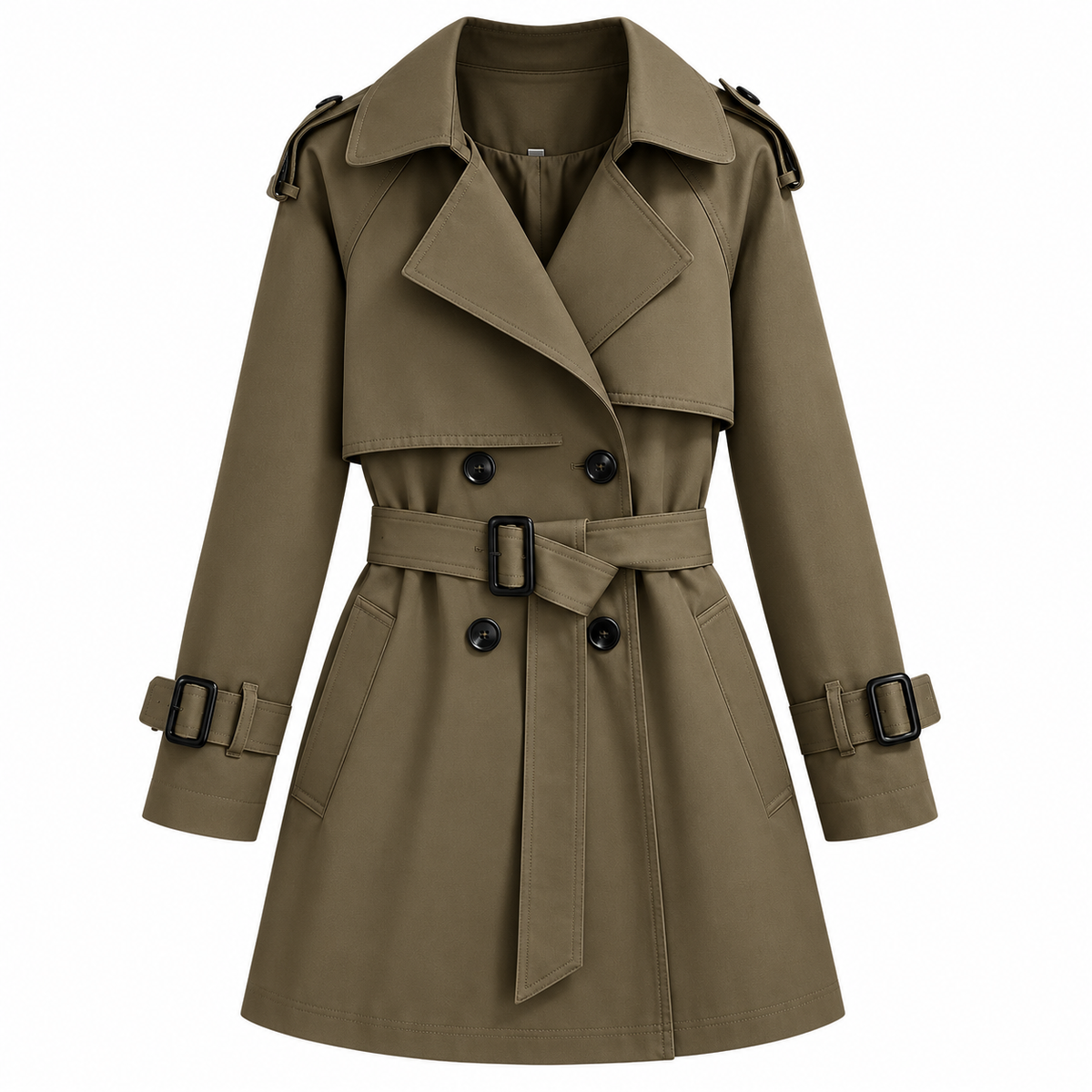 Detailansicht des taillierten Kragens und Revers eines Damen-Trenchcoats