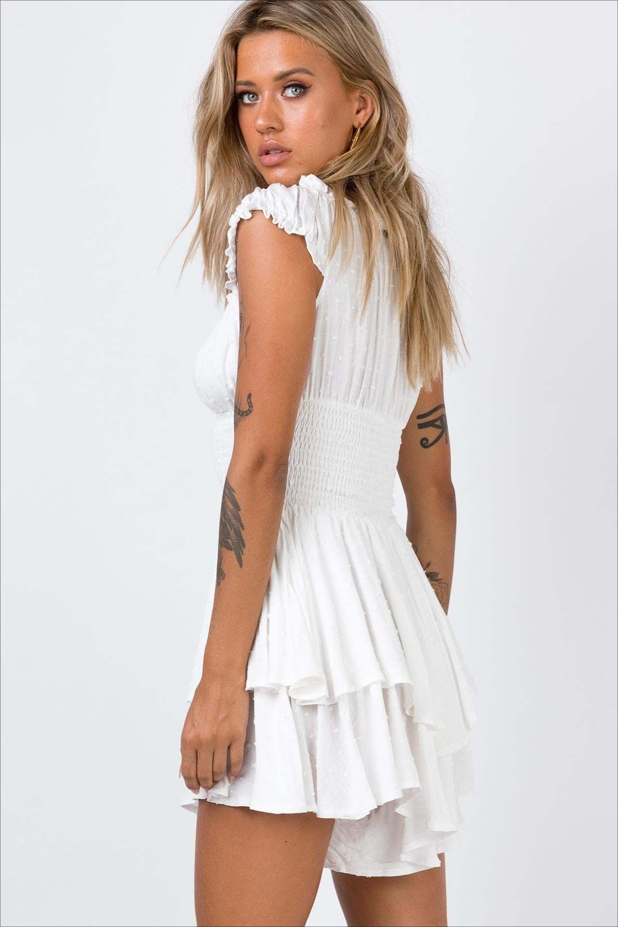 Damen Wickel Mini Kleid mit offener Schulter und Stickerei