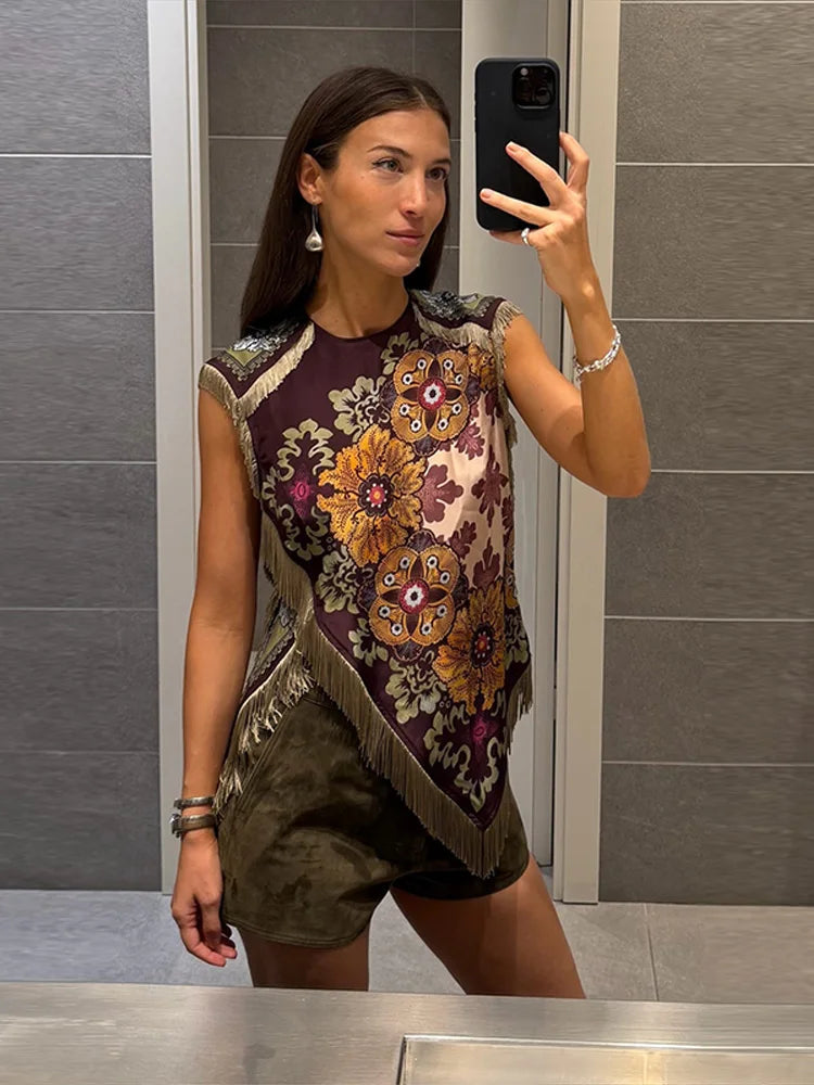 Damen Satin Ärmellose Bluse mit Blumenmuster und Fransenbesatz Weinrot