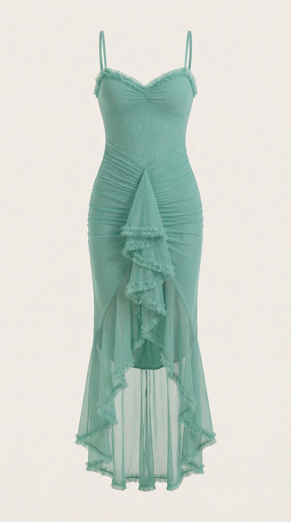 Damen Maxikleid mit Volants und asymmetrischem Saum