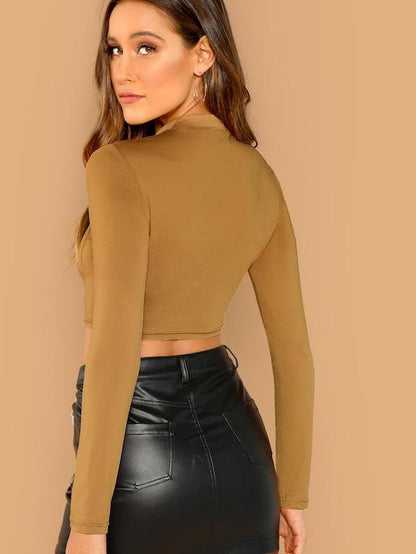 Damen Slim Fit Stehkragen Langarm Crop Top