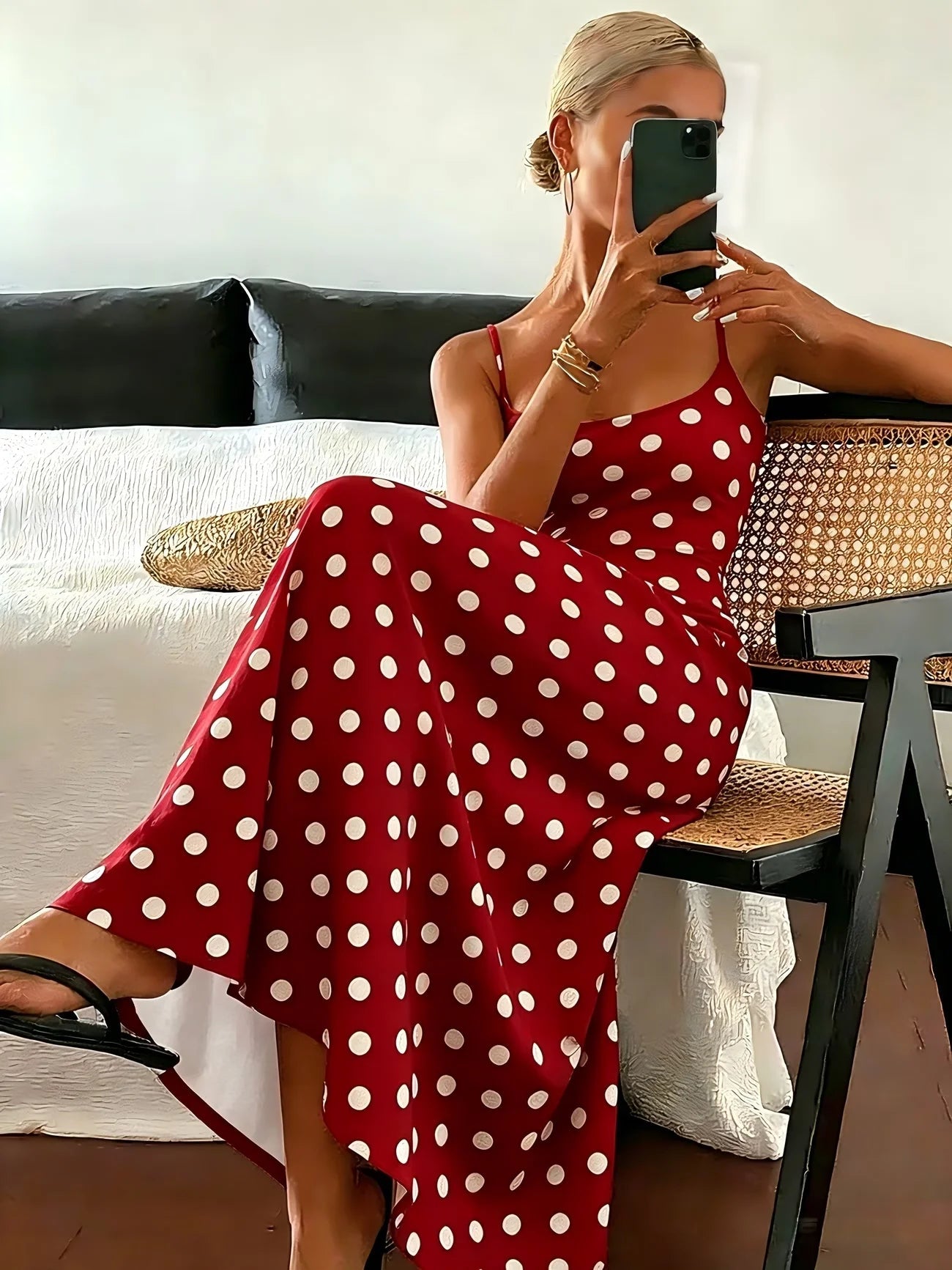 Ärmelloses, tailliertes Midi-Kleid aus Polyester mit Polka-Dots