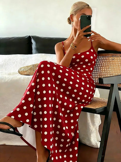 Ärmelloses, tailliertes Midi-Kleid aus Polyester mit Polka-Dots
