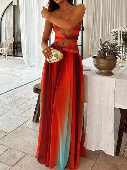 Schulterfreies Maxikleid mit Cut-Out und Farbverlauf in Orange