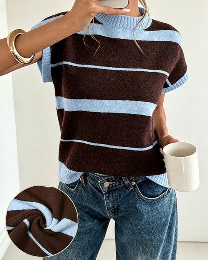 Damen Kurzarm-Pullover mit Streifen, Vorderansicht