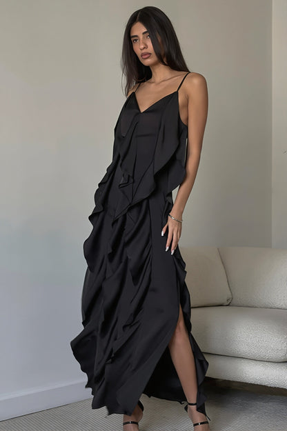 Damen Maxi Kleid Mit V Ausschnitt Und Rüschenbesatz