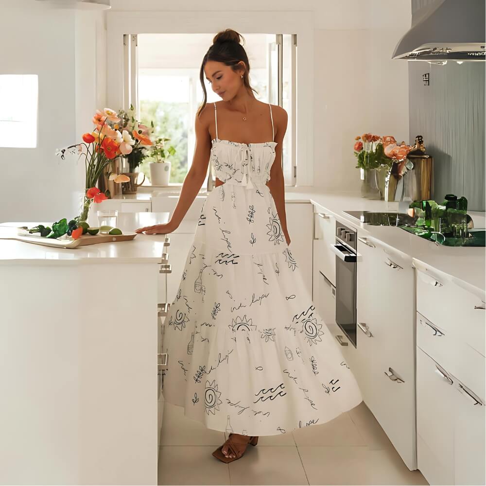 Bedrucktes ärmelloses Midikleid aus Polyester Weiß