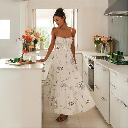 Bedrucktes ärmelloses Midikleid aus Polyester Weiß