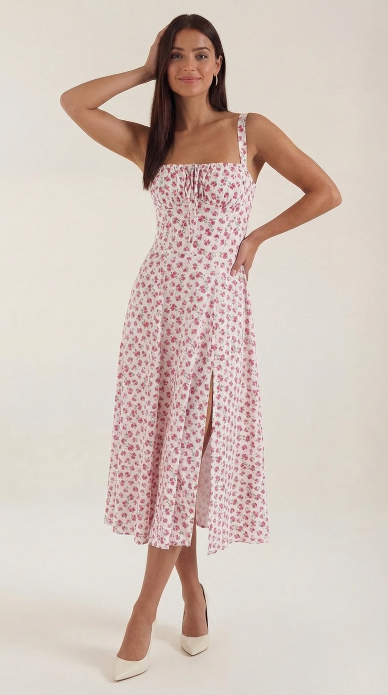 Damen Midikleid mit Blumenmuster Hochzeitsgastkleid