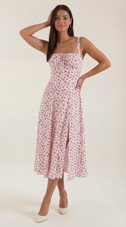 Damen Midikleid mit Blumenmuster Hochzeitsgastkleid