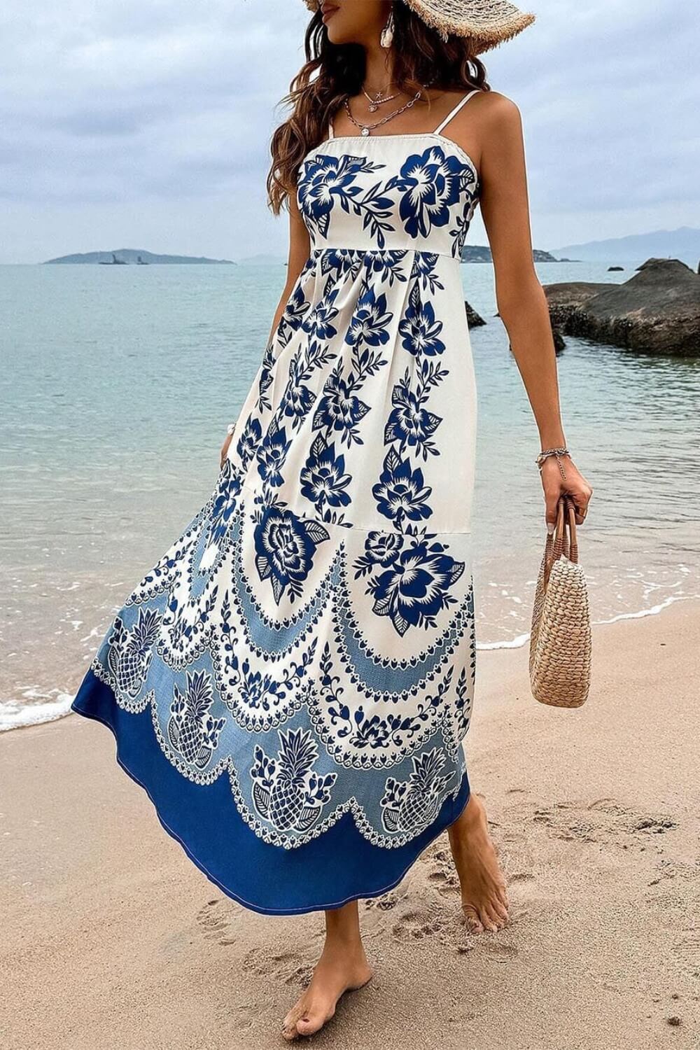 Spaghettiträger Polyester Midi Kleid Blau