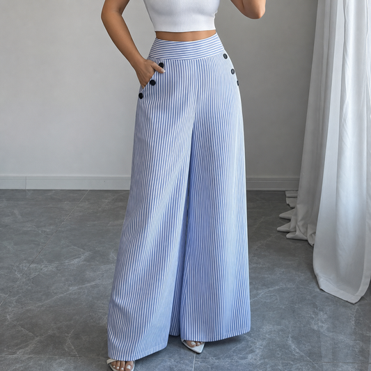Damen Leinenhose gestreift mit hohem Bund in Frontansicht