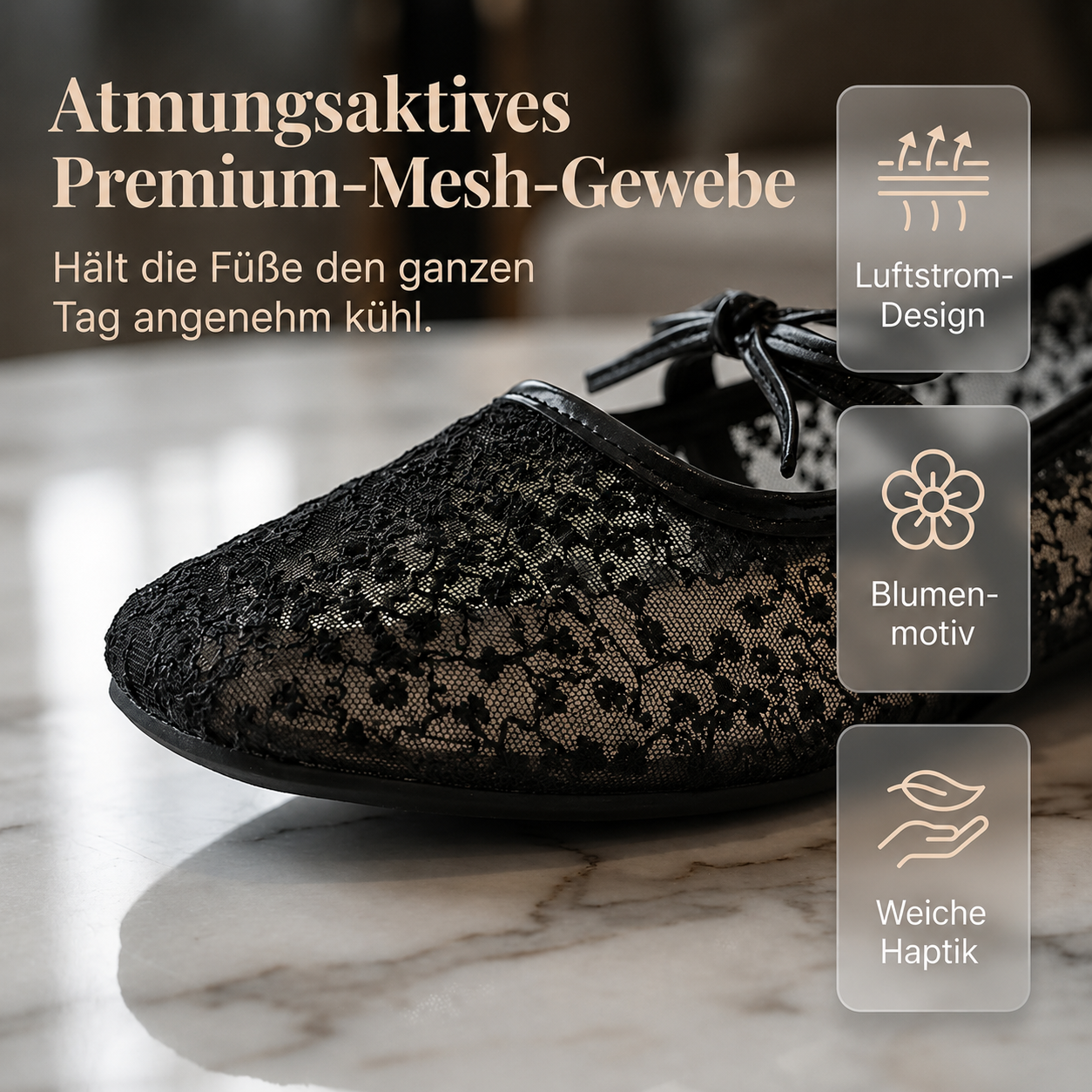 Detailaufnahme der Schleife und Spitze bei Damen-Ballerinas