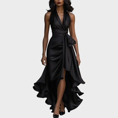 Midnight Satin Neckholderkleid mit Rüschendetail